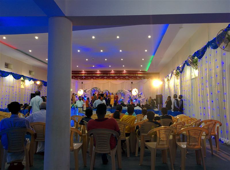 Evening reception glowing in blue and white lights