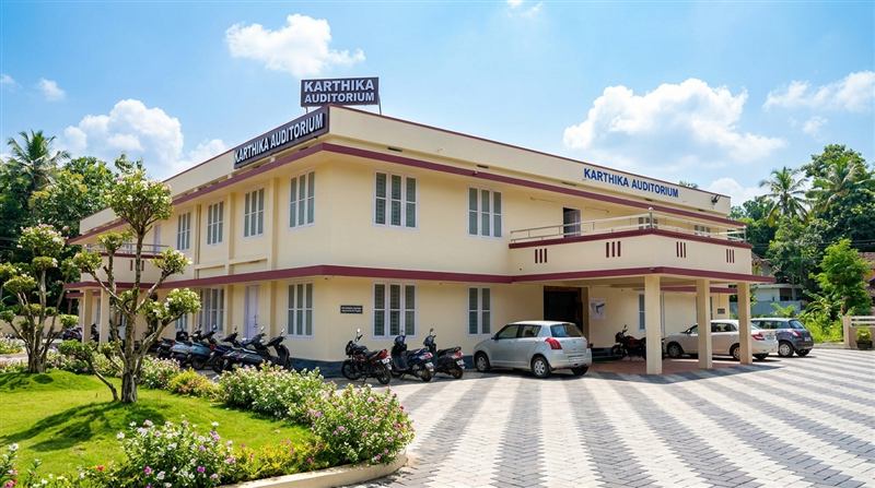 Front view of Karthika Auditorium building